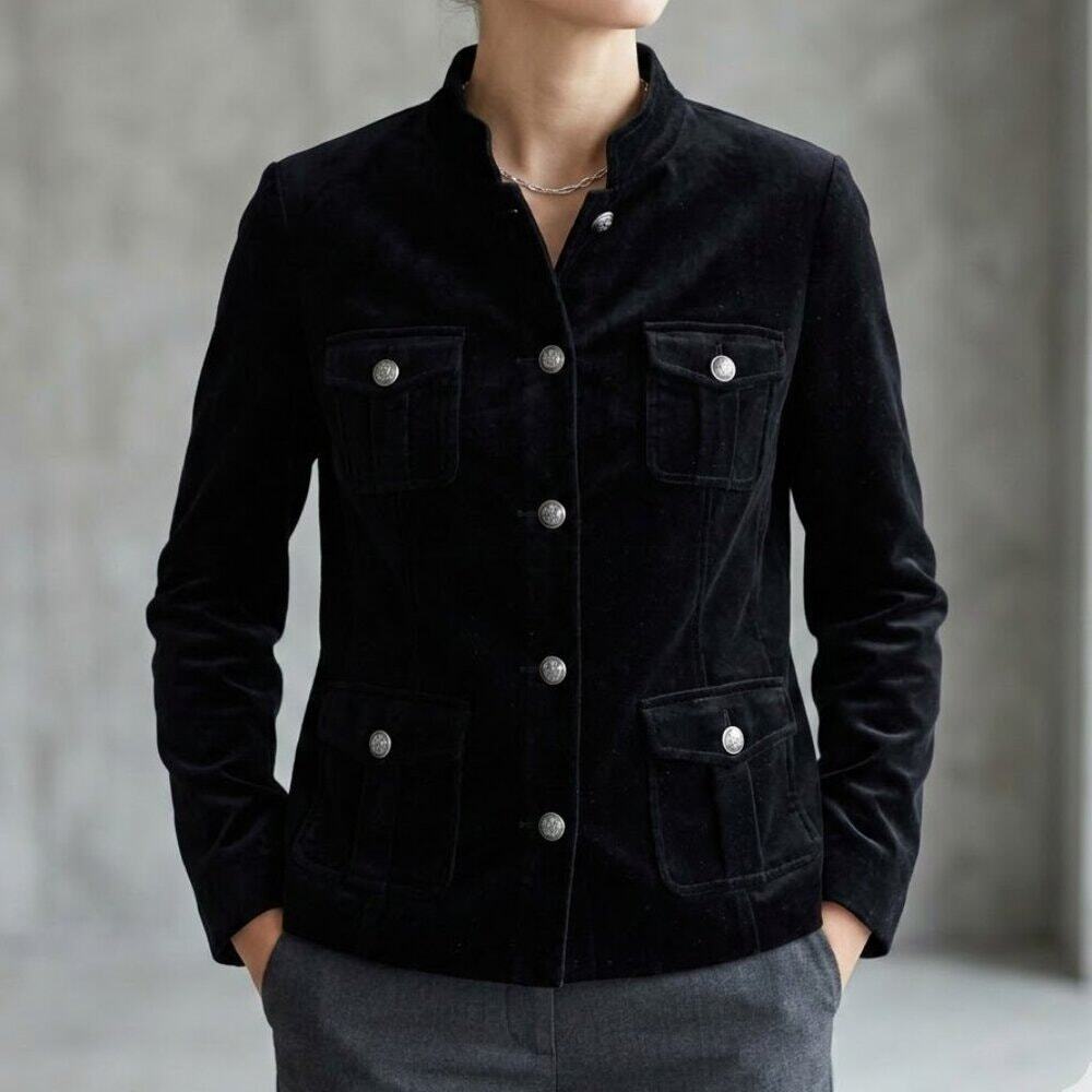 Charter Club Military Style 4 Pockets Black Velvet Jacket Blazer Goth Size L